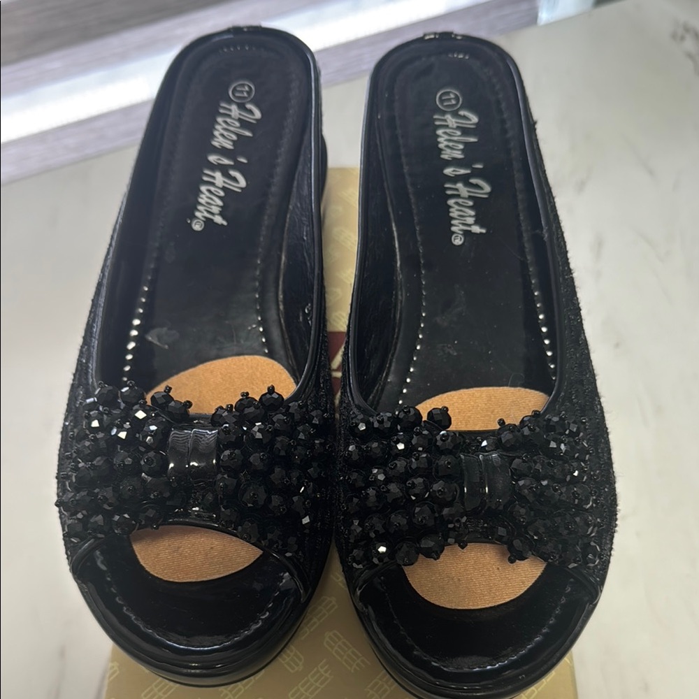 Helens Hearts Black Beaded Mules